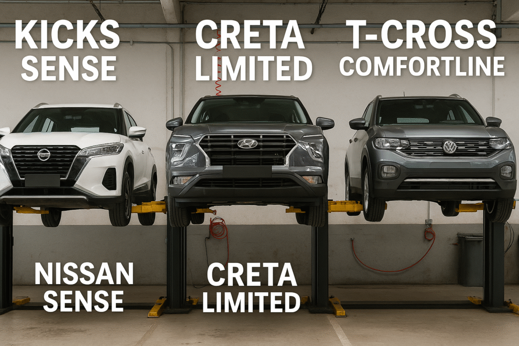 Comparativo completo entre o Nissan Kicks Sense, Creta Limited e T‑Cross Comfortline — desempenho, espaço, manutenção e custo de uso avaliados com objetividade editorial à la 4 Rodas.